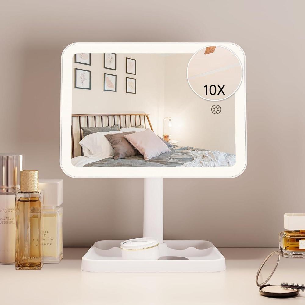 imageFUNTOUCH Rechargeable Lighted Mirrors for Makeup 2000mAh 10X Magnification3 Color Lighting Portable Tabletop Cosmetic Make Up Mirror 360 Rotation Led Light up Mirrors with StorageWhiteWhite Small