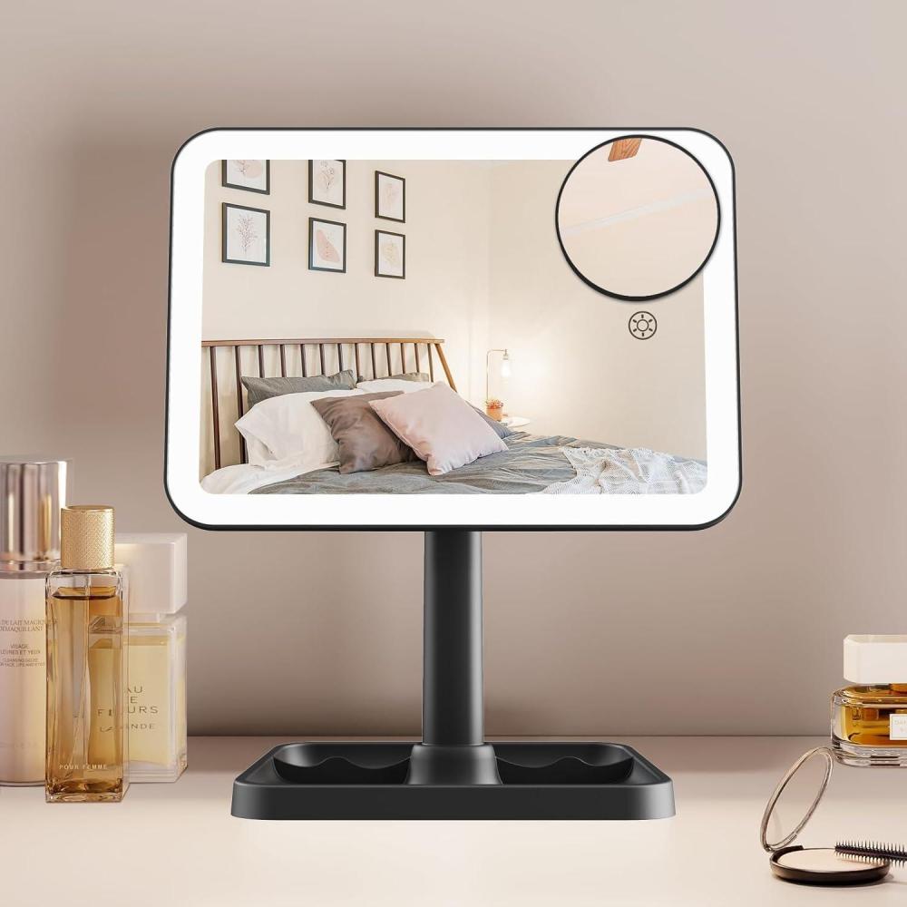 imageFUNTOUCH Rechargeable Lighted Mirrors for Makeup 2000mAh 10X Magnification3 Color Lighting Portable Tabletop Cosmetic Make Up Mirror 360 Rotation Led Light up Mirrors with StorageWhiteBlack Small