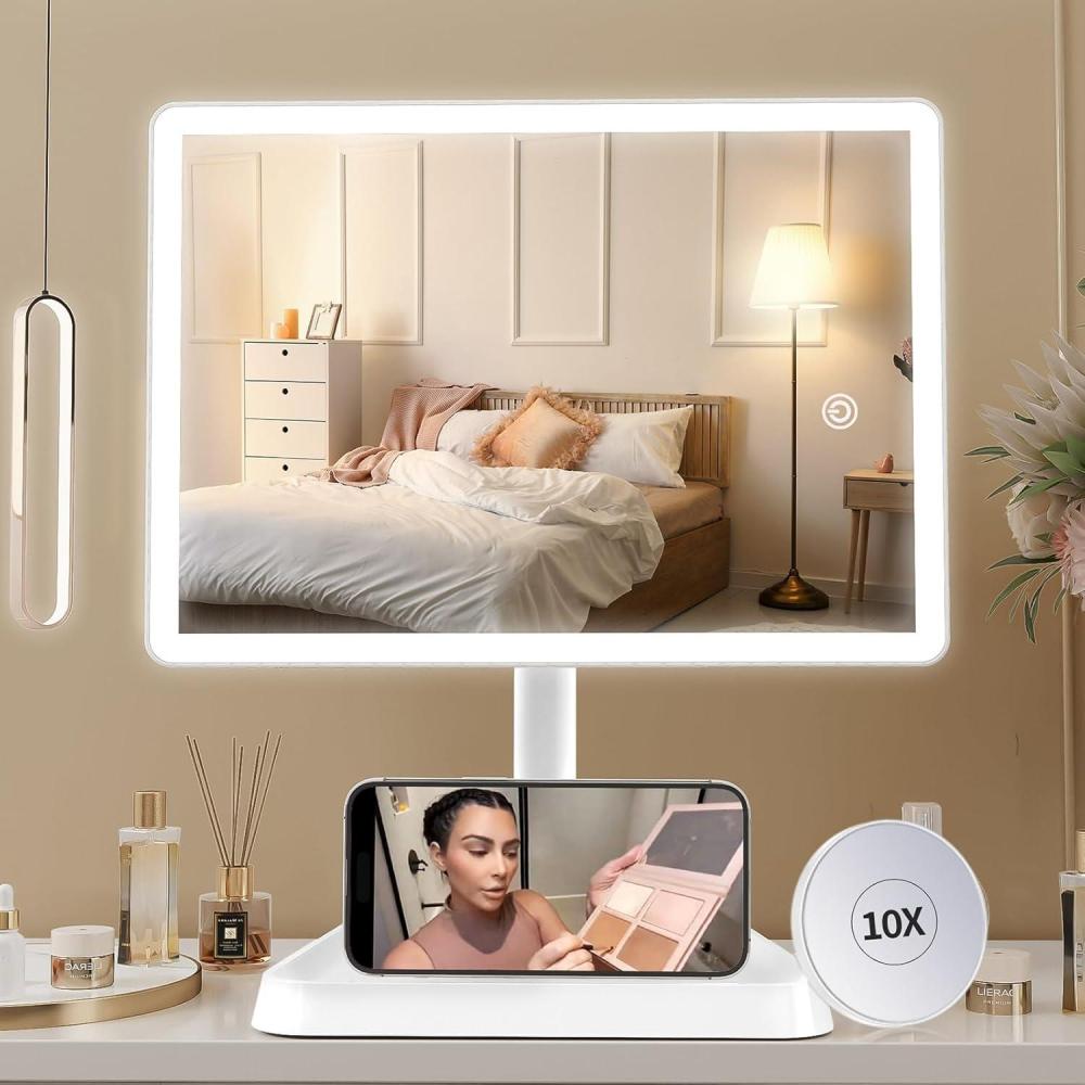 imageFUNTOUCH Rechargeable Lighted Mirrors for Makeup 2000mAh 10X Magnification3 Color Lighting Portable Tabletop Cosmetic Make Up Mirror 360 Rotation Led Light up Mirrors with StorageWhiteWhite Large