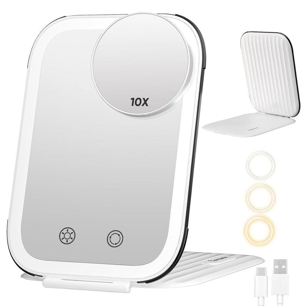 imageFUNTOUCH Rechargeable Travel Makeup Mirror with Lights and 10X Magnifying Mirrors Portable Lighted Vanity Mirror with 80 Led2000mAh Battery3 Color LightingTouch DimmingTabletop Light up MirrorPearl White