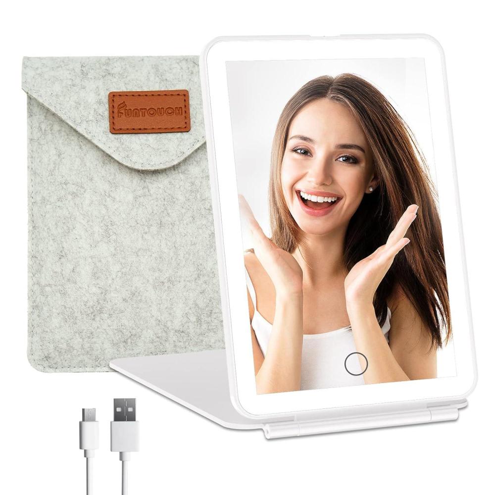 imageFUNTOUCH Rechargeable Travel Makeup Mirror with Lights and 10X Magnifying Mirrors Portable Lighted Vanity Mirror with 80 Led2000mAh Battery3 Color LightingTouch DimmingTabletop Light up MirrorCeramic White