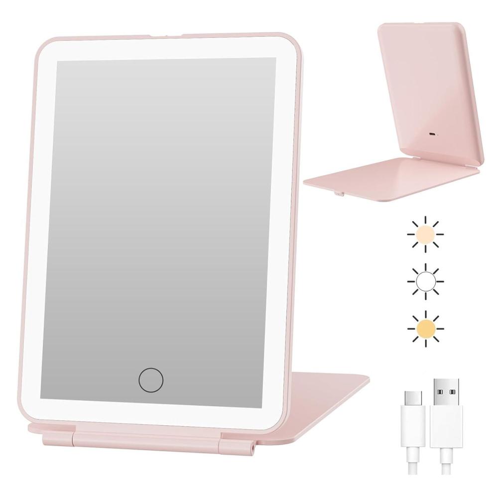 imageFUNTOUCH Rechargeable Travel Makeup Mirror with Lights and 10X Magnifying Mirrors Portable Lighted Vanity Mirror with 80 Led2000mAh Battery3 Color LightingTouch DimmingTabletop Light up MirrorPink