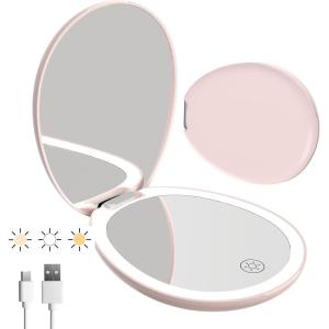 imageFUNTOUCH 10X Magnifying Travel Makeup Mirror with Light Led Compact Mirrors with Light Lighted Small 1x 10x Magnifying Mirror 2Sided Light up Pocket Portable Mirror 3 Color LightingPink