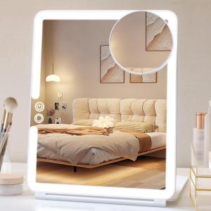 imageFUNTOUCH 2500mAh Large Rechargeable Travel Makeup Mirror with Light Portable Makeup Mirror with 10X Magnifying Mirror 3 Lighting Modes Tabletop Folding Travel Mirror with PU Leather Cover WhiteWhite