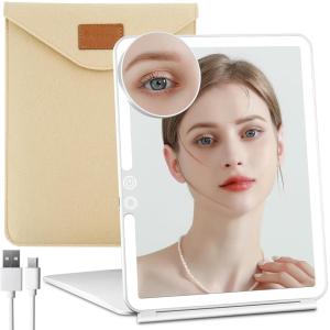 imageFUNTOUCH 2500mAh Large Rechargeable Travel Makeup Mirror with Light Portable Makeup Mirror with 10X Magnifying Mirror 3 Lighting Modes Tabletop Folding Travel Mirror with PU Leather Cover WhiteMirror With Bag