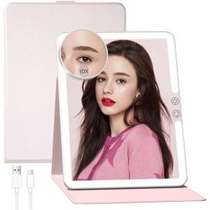 imageFUNTOUCH 2500mAh Large Rechargeable Travel Makeup Mirror with Light Portable Makeup Mirror with 10X Magnifying Mirror 3 Lighting Modes Tabletop Folding Travel Mirror with PU Leather Cover WhitePink With Pu Cover