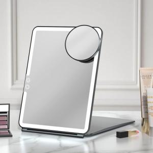 imageFUNTOUCH 2500mAh Large Rechargeable Travel Makeup Mirror with Light Portable Makeup Mirror with 10X Magnifying Mirror 3 Lighting Modes Tabletop Folding Travel Mirror with PU Leather Cover WhiteBlack