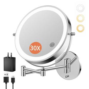 imageFUNTOUCH 9quot 1X30X Wall Mounted Lighted Makeup Mirror 4500mAh Rechargeable Double Sided Magnifying Mirror with Light 3 Color LightsTouch Dimmable 360 Rotation Extended Arm for BathroomBlackChrome