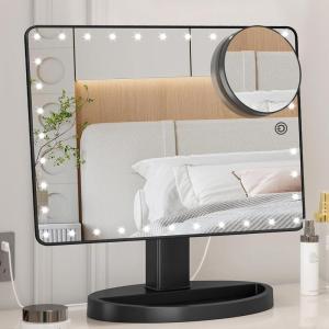 imageFUNTOUCH Large Lighted Makeup Mirror with Lights Light Up Mirror with Small 10x Magnification for Desk 360Rotation Touch ScreenBrightness Adjustable Tabletop Cosmetic Vanity Make Up MirrorBlack