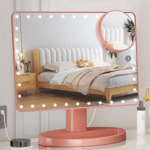 imageFUNTOUCH Large Lighted Makeup Mirror with Lights Light Up Mirror with Small 10x Magnification for Desk 360Rotation Touch ScreenBrightness Adjustable Tabletop Cosmetic Vanity Make Up MirrorRose Gold