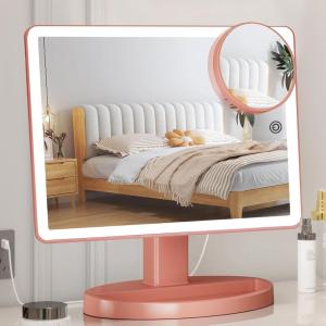 imageFUNTOUCH Large Lighted Makeup Mirror with Lights Light Up Mirror with Small 10x Magnification for Desk 360Rotation Touch ScreenBrightness Adjustable Tabletop Cosmetic Vanity Make Up Mirror3 Color Lighting Rose Gold