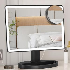 imageFUNTOUCH Large Lighted Makeup Mirror with Lights Light Up Mirror with Small 10x Magnification for Desk 360Rotation Touch ScreenBrightness Adjustable Tabletop Cosmetic Vanity Make Up Mirror3 Color Lighting Black