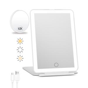 imageFUNTOUCH Rechargeable Travel Makeup Mirror with Lights and 10X Magnifying Mirrors Portable Lighted Vanity Mirror with 80 Led2000mAh Battery3 Color LightingTouch DimmingTabletop Light up MirrorSnow White With 10x Mirror