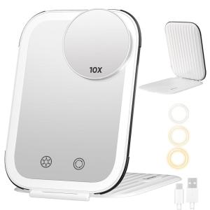 imageFUNTOUCH Rechargeable Travel Makeup Mirror with Lights and 10X Magnifying Mirrors Portable Lighted Vanity Mirror with 80 Led2000mAh Battery3 Color LightingTouch DimmingTabletop Light up MirrorPearl White