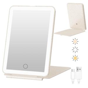 imageFUNTOUCH Rechargeable Travel Makeup Mirror with Lights and 10X Magnifying Mirrors Portable Lighted Vanity Mirror with 80 Led2000mAh Battery3 Color LightingTouch DimmingTabletop Light up MirrorStraw Color