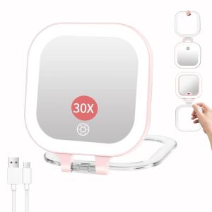 imageFUNTOUCH Travel Magnifying Mirror with Light 20X1X Magnifying Makeup Mirror Set 3 Light Settings ampamp Adjustable BrightnessRechargeable Folding Compact Double Sides Mirror for Home ampamp Travel WhitePink10x