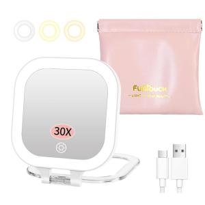 imageFUNTOUCH Travel Magnifying Mirror with Light 20X1X Magnifying Makeup Mirror Set 3 Light Settings ampamp Adjustable BrightnessRechargeable Folding Compact Double Sides Mirror for Home ampamp Travel WhiteWhite With Bag30x