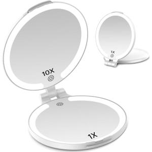 imageFUNTOUCH Travel Mirror with Light 1X10X Double Sided Magnification Makeup Vanity Mirror with 3 Color Setting Chargeable Foldable Portable Travel Essential Vanity Mirror with BagWhite