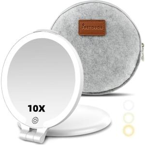 imageFUNTOUCH Travel Mirror with Light 1X10X Double Sided Magnification Makeup Vanity Mirror with 3 Color Setting Chargeable Foldable Portable Travel Essential Vanity Mirror with BagWhite With Bag