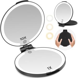 imageFUNTOUCH Travel Mirror with Light 1X10X Double Sided Magnification Makeup Vanity Mirror with 3 Color Setting Chargeable Foldable Portable Travel Essential Vanity Mirror with BagBlack
