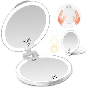 imageFUNTOUCH Travel Mirror with Light 1X10X Double Sided Magnification Makeup Vanity Mirror with 3 Color Setting Chargeable Foldable Portable Travel Essential Vanity Mirror with BagWhite3 Color