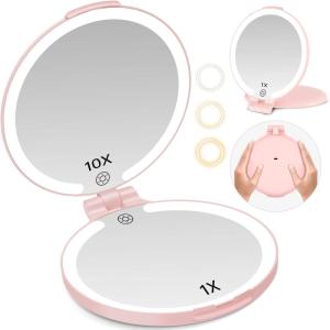imageFUNTOUCH Travel Mirror with Light 1X10X Double Sided Magnification Makeup Vanity Mirror with 3 Color Setting Chargeable Foldable Portable Travel Essential Vanity Mirror with BagPink