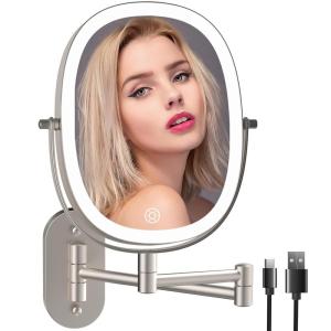 imageLighted Wall Mounted Makeup Mirror Double Sided 1X7X Magnifying Mirror 3 Color Lighting Option Dimmable 360 Rotation Extension Foldable Arm Oval Frame Rechargeable Vanity Mirror with LightsBrush Nickel