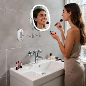 imageLighted Wall Mounted Makeup Mirror Double Sided 1X7X Magnifying Mirror 3 Color Lighting Option Dimmable 360 Rotation Extension Foldable Arm Oval Frame Rechargeable Vanity Mirror with LightsChrome