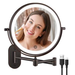 imageRechargeable Wall Mounted Lighted Makeup Vanity Mirror 8 Inch Double Sided 1X 10X Magnifying Bathroom Mirror 3 Color Lighting Touch Screen Dimming Extended Arm 360 Rotation Shaving Light up MirrorAntique Bronze