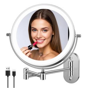 imageRechargeable Wall Mounted Lighted Makeup Vanity Mirror 8 Inch Double Sided 1X 10X Magnifying Bathroom Mirror 3 Color Lighting Touch Screen Dimming Extended Arm 360 Rotation Shaving Light up MirrorBright Chrome20x