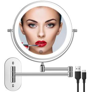 imageRechargeable Wall Mounted Lighted Makeup Vanity Mirror 8 Inch Double Sided 1X 10X Magnifying Bathroom Mirror 3 Color Lighting Touch Screen Dimming Extended Arm 360 Rotation Shaving Light up MirrorSilver