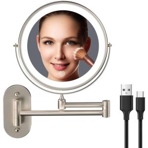 imageRechargeable Wall Mounted Lighted Makeup Vanity Mirror 8 Inch Double Sided 1X 10X Magnifying Bathroom Mirror 3 Color Lighting Touch Screen Dimming Extended Arm 360 Rotation Shaving Light up MirrorBrush Nickel
