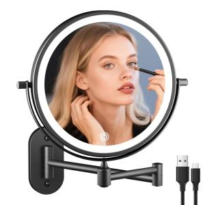 imageRechargeable Wall Mounted Lighted Makeup Vanity Mirror 8 Inch Double Sided 1X 10X Magnifying Bathroom Mirror 3 Color Lighting Touch Screen Dimming Extended Arm 360 Rotation Shaving Light up MirrorBlack
