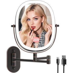 imageFUNTOUCH 20X1X Wall Mounted Makeup Mirror with Light 5000mAh Rechargeable Double Sided Oval Bathroom Mirrors for Over Sink 3 Color Setting Extended Arm 360Swivel for WallBlack20xantique Bronze