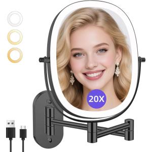 imageFUNTOUCH 20X1X Wall Mounted Makeup Mirror with Light 5000mAh Rechargeable Double Sided Oval Bathroom Mirrors for Over Sink 3 Color Setting Extended Arm 360Swivel for WallBlack20xblack