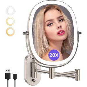 imageFUNTOUCH 20X1X Wall Mounted Makeup Mirror with Light 5000mAh Rechargeable Double Sided Oval Bathroom Mirrors for Over Sink 3 Color Setting Extended Arm 360Swivel for WallBlack20xnickel