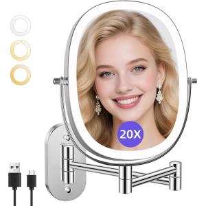 imageFUNTOUCH 20X1X Wall Mounted Makeup Mirror with Light 5000mAh Rechargeable Double Sided Oval Bathroom Mirrors for Over Sink 3 Color Setting Extended Arm 360Swivel for WallBlack20xchrome